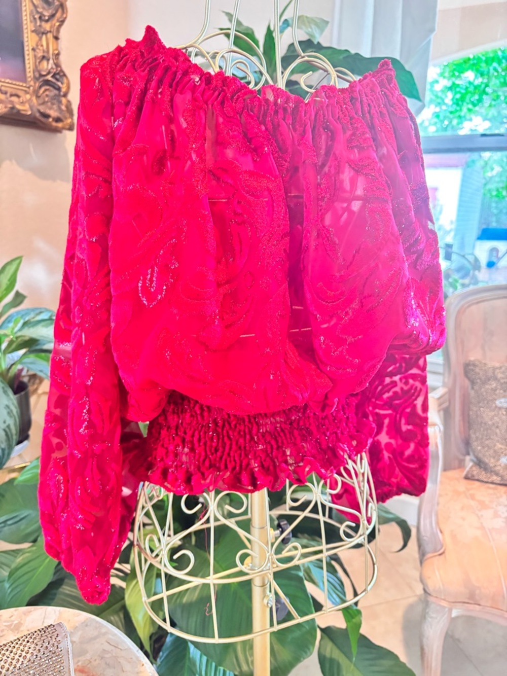 Vintage 80s Ivonne De La Vega Red Silk Burnout Off Shoulder Blouse - Picture 2 of 5